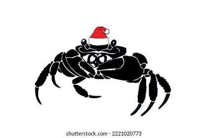 Graphical crab in red Santa Claus hat isolated on white background,vector seafood illustration