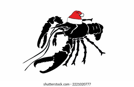 Graphical crab in red Santa Claus hat isolated on white background,vector seafood illustration