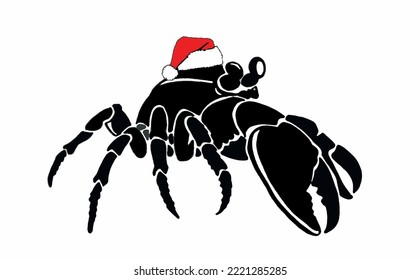 Graphical crab in red Santa Claus hat isolated on white background,vector seafood illustration