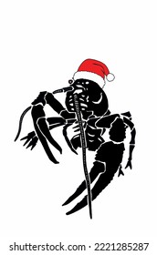 Graphical crab in red Santa Claus hat isolated on white background,vector seafood illustration