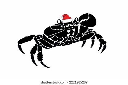 Graphical crab in red Santa Claus hat isolated on white background,vector seafood illustration
