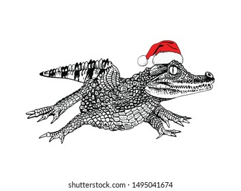 Graphical crocodile in Santa Claus hat isolated on white background,vector new year illustration