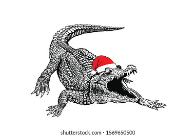 Graphical crocodile in Santa Claus hat isolated on white background,vector new year illustration ,element for Christmas design