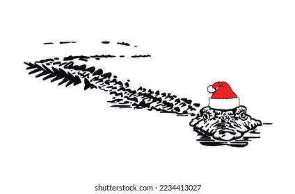 Graphical crocodile in Santa Claus hat isolated on white background,vector new year illustration ,element for Christmas design