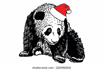 Graphical cute panda in Santa Claus hat isolated on white,vector new year  element for design