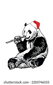 Graphical cute panda in Santa Claus hat isolated on white,vector new year  element for design