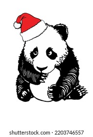 Panda gráfico lindo en el sombrero de Santa Claus aislado en blanco, elemento vectorial de año nuevo para el diseño