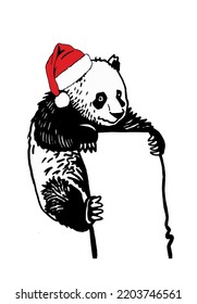 Graphical cute panda in Santa Claus hat isolated on white,vector new year  element for design