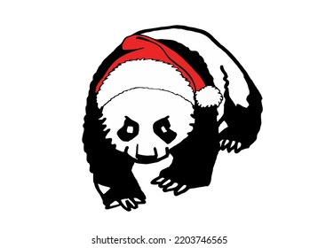 Graphical cute panda in Santa Claus hat isolated on white,vector new year  element for design