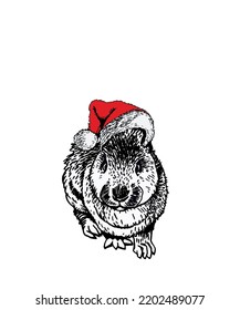 El conejo gráfico lindo en el sombrero de Santa Claus aislado en fondo blanco, ilustración vectorial. Elemento de conejo de Navidad, símbolo del año nuevo 2023 