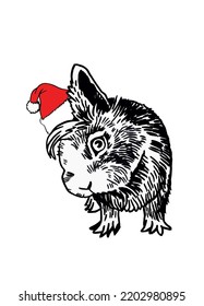 Graphical cute rabbit in Santa Claus hat isolated on white background,vector illustration. Christmas bunny element,symbol of 2023 new year 