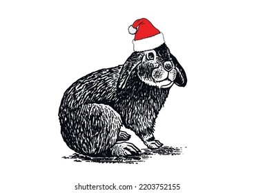 El conejo gráfico lindo en el sombrero de Santa Claus aislado en fondo blanco, ilustración vectorial. Elemento de conejo de Navidad, símbolo del año nuevo 2023 