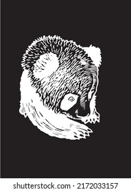 Graphical cute and small panda walking isolated on black,vector engraved element