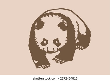 Graphical cute and small panda walking i,vector vintage illustration