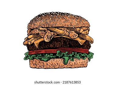 Graphical delicious hamburger with cutlet and lettuce , vector fast food element for design, color illustration