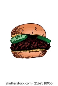 Graphical delicious hamburger with meat and cucumbers , vector fast food element for design, color illustration 