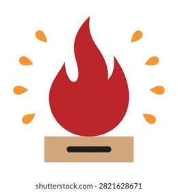 Graphical depiction of a cardboard box engulfed in red flames with flying sparks. Visualizes burning waste, fire danger, or disposal.