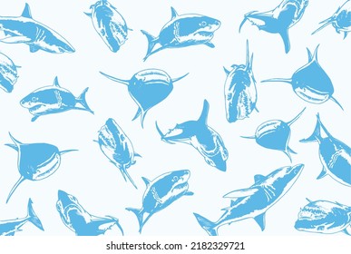 Graphical design with blue sharks, vector color illustration for backgrounds,patterns , covers. Typography design with great white sharks