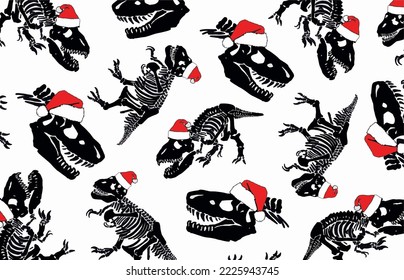 Graphical design with dinosaur skulls and skeletons in Santa Claus hats , vector Christmas pattern .