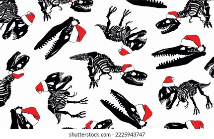 Graphical design with dinosaur skulls and skeletons in Santa Claus hats , vector Christmas pattern .