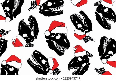 Graphical design with dinosaur skulls and skeletons in Santa Claus hats , vector Christmas pattern .