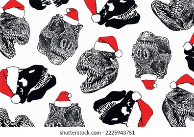 Graphical design with dinosaur skulls and skeletons in Santa Claus hats , vector Christmas pattern .