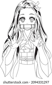 Graphical design illustration of Nezuko from Dragon Slayer's girl character anime, who wears kimono.