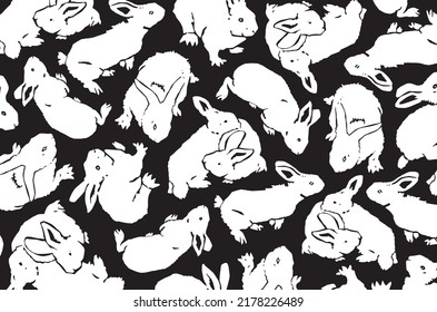 Graphical design with rabbits on black, vector illustration for backgrounds,patterns , covers. Typography design with funny fluffy pets