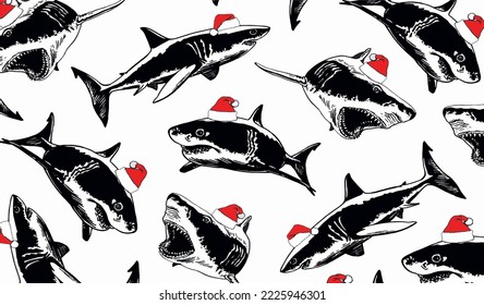 Graphical design with sharks in Santa Claus hats , vector Christmas pattern .Seafood new year cover