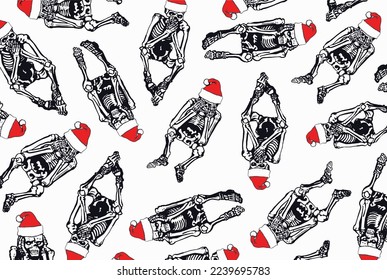 Graphical design with skeletons sitting in Santa Claus hat  , vector Christmas pattern .