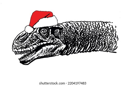 Graphical dinosaur diplodocus in Santa Claus hat isolated on white,vector new year illustration