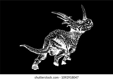 Graphical  dinosaur isolated on black background,vector triceratops running,tattoo