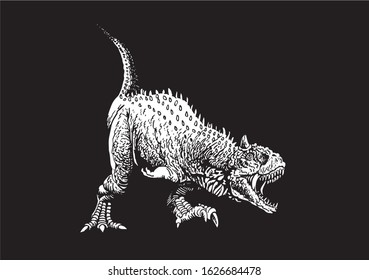 Graphical dinosaur isolated on black background, vector engraved illustration