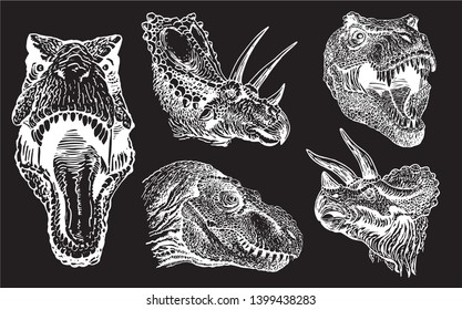 Graphical dinosaur portraits isolated on black,vector illustration,paleontology