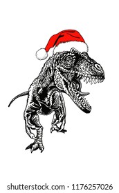 Graphical dinosaur roaring  in Santa Claus hat isolated on white background,vector sketch,New Year illustration