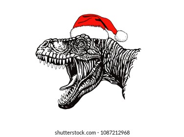 Graphical dinosaur in Santa Claus hat isolated on white background,vector new year illustration