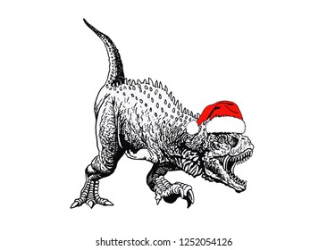 Graphical dinosaur in Santa Claus hat isolated on white,vector new year illustration