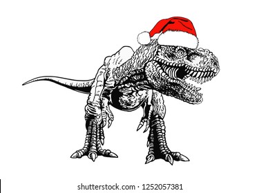 Graphical dinosaur in Santa Claus hat isolated on white,vector new year illustration