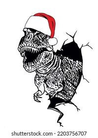 Graphical dinosaur in Santa Claus hat isolated on white,vector new year illustration