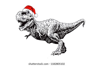 Graphical dinosaur in santa claus hat,new year illustration,raptor running 