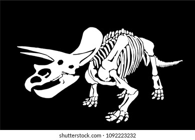 Graphical dinosaur skeleton isolated on black background,vector triceratops