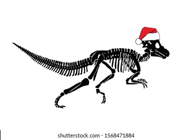 Graphical dinosaur skeleton in Santa Claus hat isolated on white background,vector illustration
