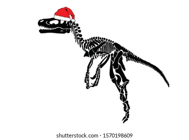 Graphical dinosaur skeleton in Santa Claus hat isolated on white background,vector illustration
