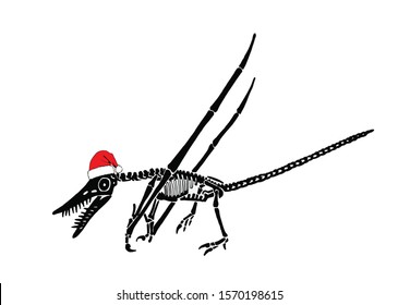 Graphical dinosaur skeleton in Santa Claus hat isolated on white background,vector illustration