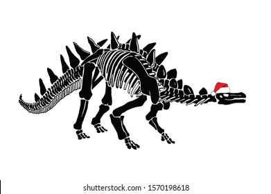 Graphical dinosaur skeleton in Santa Claus hat isolated on white background,vector illustration