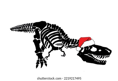 Graphical dinosaur skeleton in Santa Claus hat isolated on white background,vector illustration.Christmas element