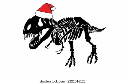 Graphical dinosaur skeleton in Santa Claus hat isolated on white background,vector illustration.Christmas element