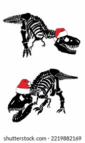Graphical dinosaur skeletons in Santa Claus hats isolated on white background,vector illustration.Christmas element