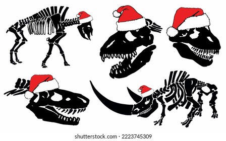 Graphical dinosaur skeletons in Santa Claus hats isolated on white background,vector illustration.Christmas element