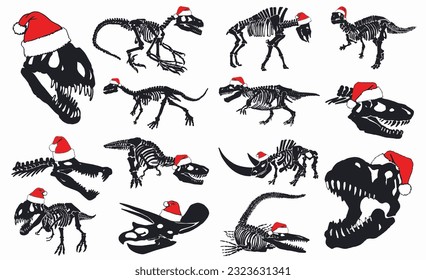 Graphical dinosaur skeletons in Santa Claus hats isolated on white background,vector illustration.Christmas element